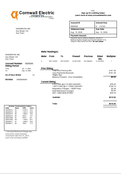 USA Cornwall Electric business utility bill template in Word and PDF formats